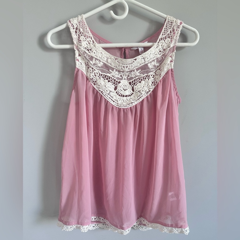 Pink Lace Trim Sleeveless Top, size S